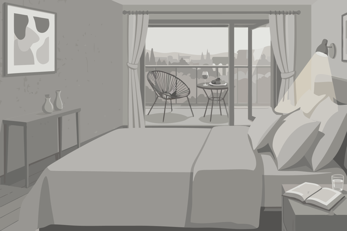 Zimmer mit Queensize-Bett und Blick auf den Innenhof